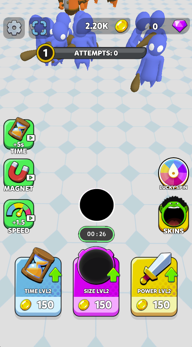 Before the collection phase, inspect Time, Size and Power upgrades and their coin costs. This capture shows each at level 2 with a displayed price of 150.