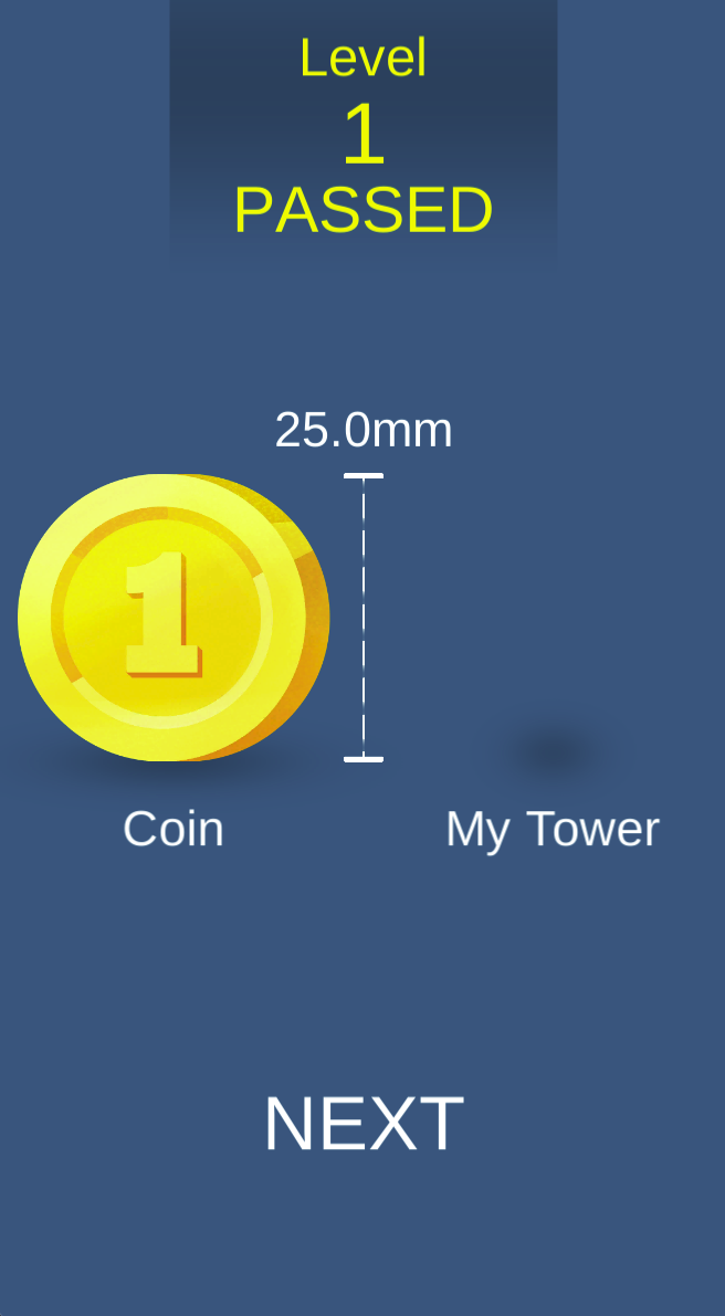 The Level 1 result screen reports Passed and displays a 25.0mm height comparison beside Coin and My Tower. Select Next to continue.