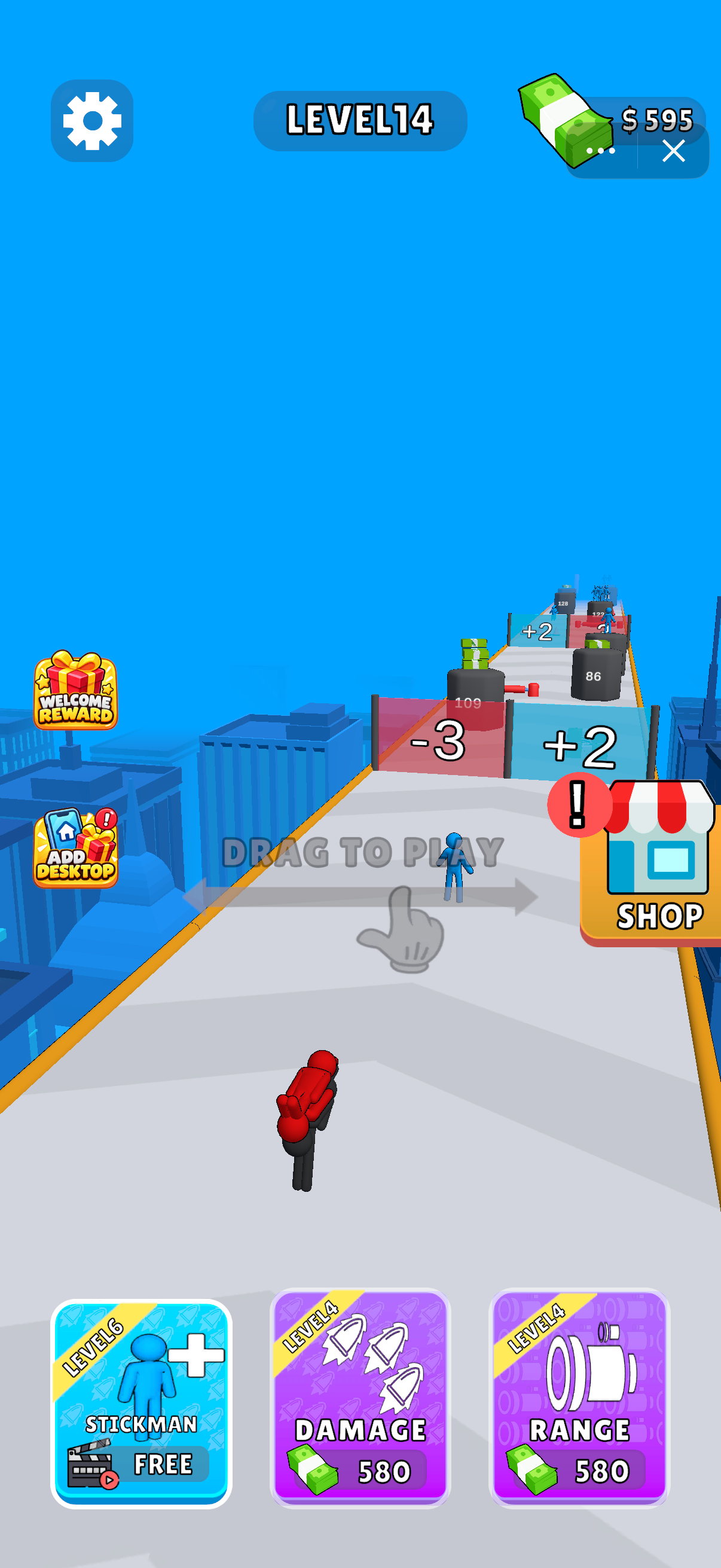 The start screen shows Drag to Play, a −3 gate beside a +2 gate, and separate Stickman, Damage and Range upgrades. Compare the route and upgrade requirements before starting.