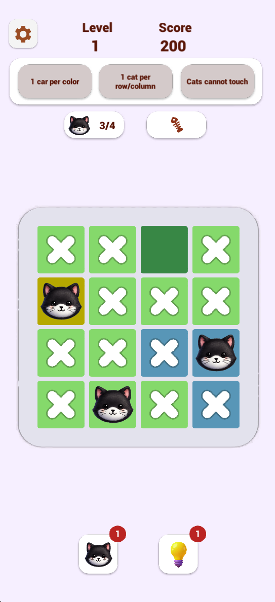With three of four cats placed, X marks track excluded cells. Check each remaining candidate against its color, row, column and neighboring cats.