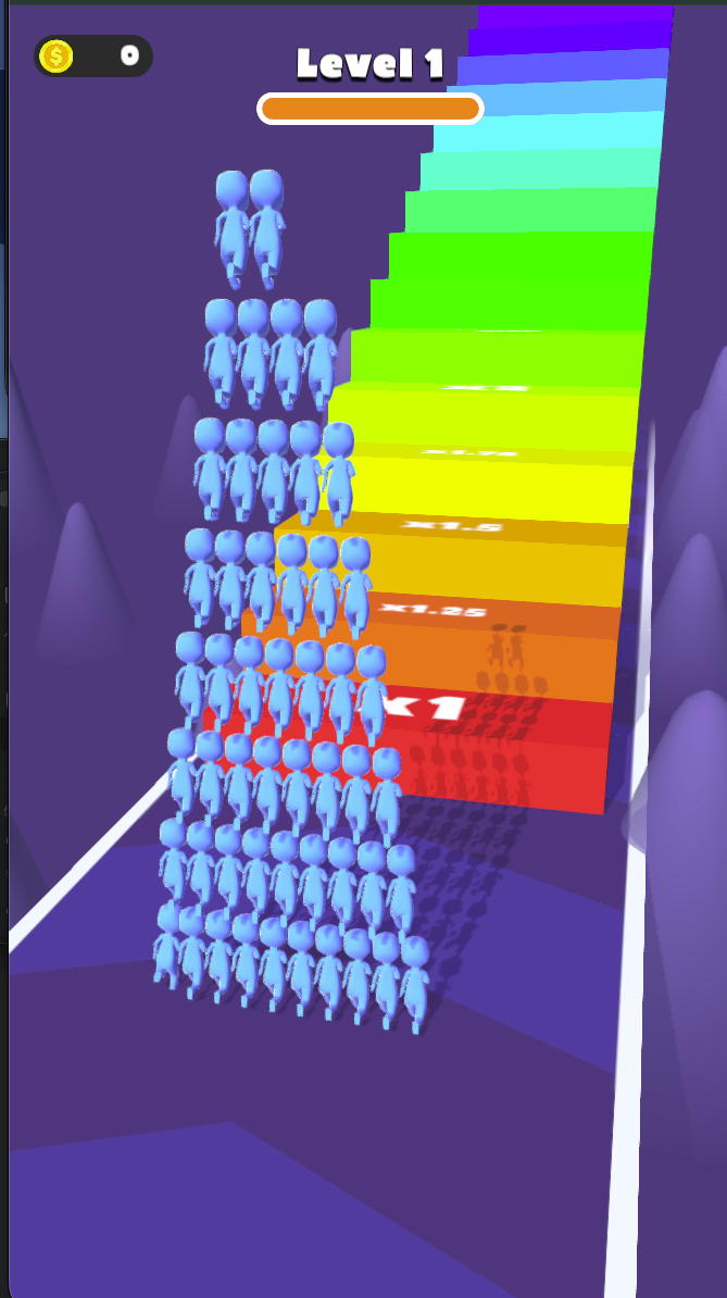 The Level 1 finish shows the crowd forming a tall stack beside a staircase marked with multipliers. Preserve your crowd on the way to the finish.