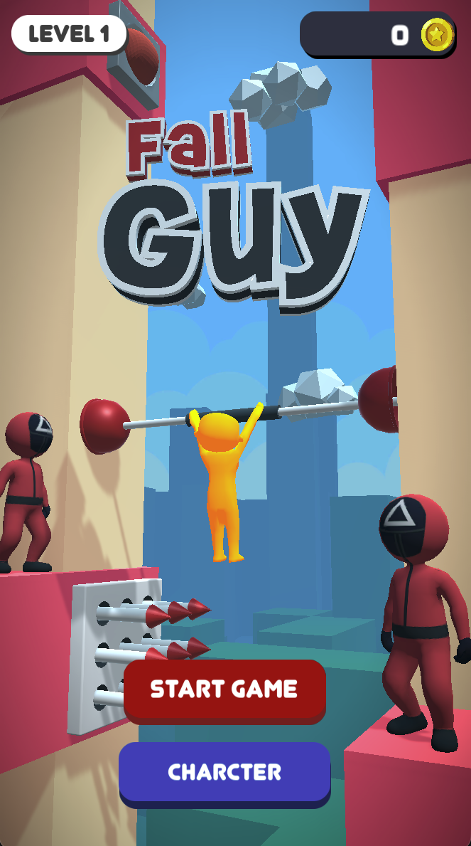 Select Start Game to enter Level 1, or Character to browse character options. The menu previews a hanging bar and hazards in a vertical shaft.