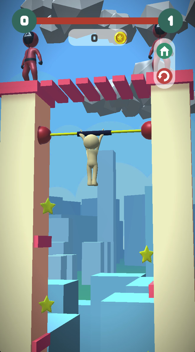 The character hangs from a horizontal bar between two walls. Look below for stars, ledges and obstacles before making your next move; Home and Restart are available at the upper right.