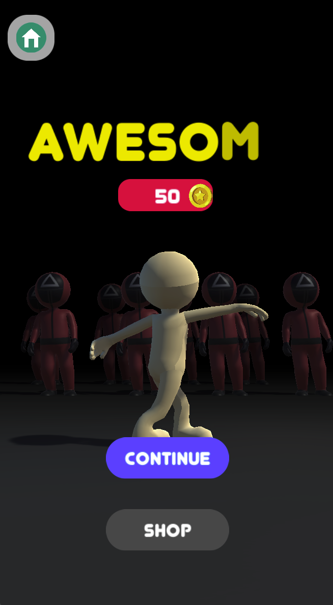 The completion screen shows Awesome, a 50-coin display and Continue. This is the captured result of this attempt, not a promised reward for every run.