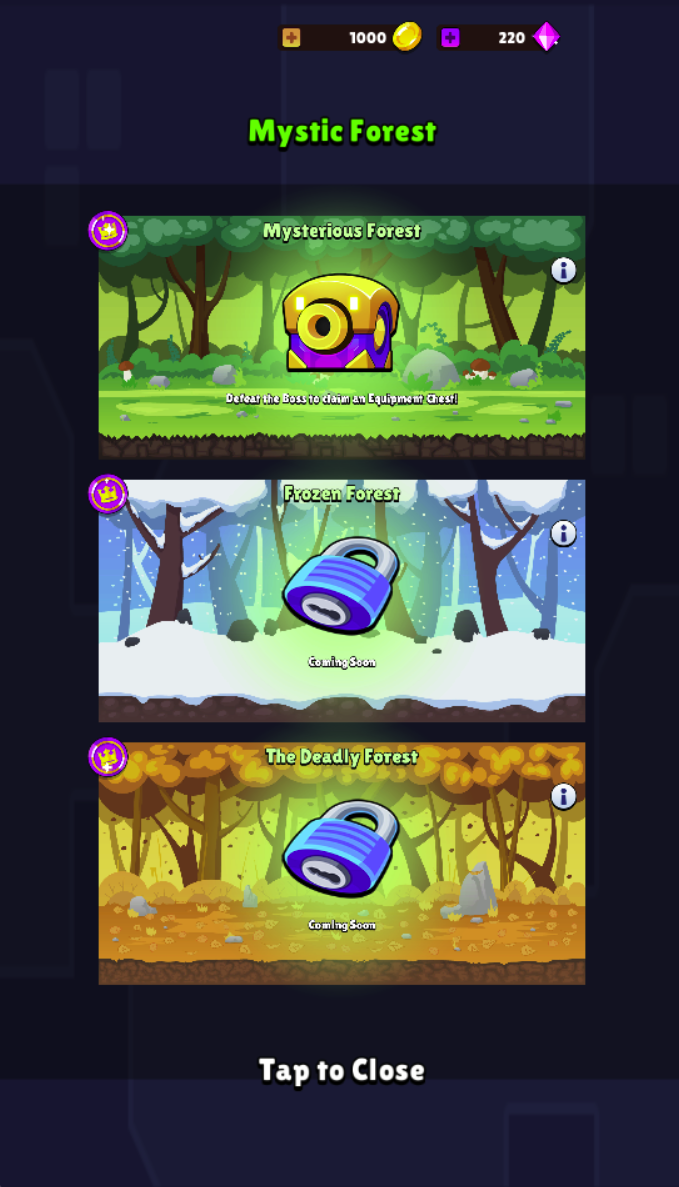 Mystic Forest lists Mysterious Forest with a boss equipment-chest objective. Frozen Forest and The Deadly Forest are marked Coming Soon in this version.