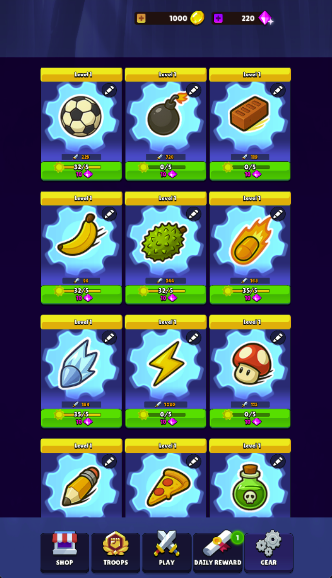 The Gear tab shows individual levels, stats, material counters and diamond-priced controls. Inspect the selected gear and its requirements before upgrading.