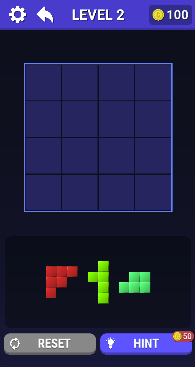 Level 2 starts with three different pieces below an empty 4 × 4 board. Plan how all three shapes fit together instead of filling the first available corner.