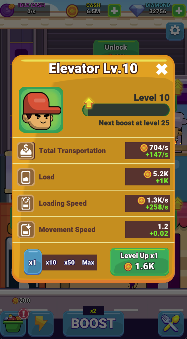 The elevator panel shows transportation rate, load, loading speed and movement speed. Compare the next upgrade with the part of the chain that is falling behind.
