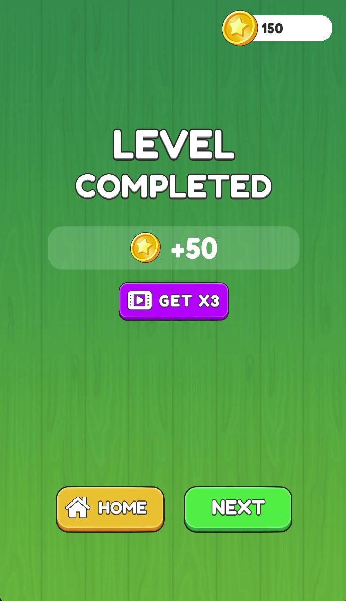 The completion screen displays +50 coins, Home and Next. A separate video-marked Get ×3 option appears; check its prompt before choosing it.