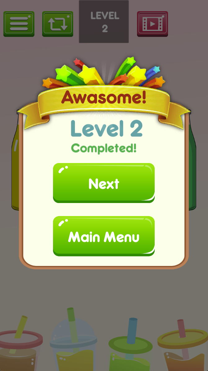 The Level 2 completion panel offers Next and Main Menu. Continue to the next puzzle or return to the menu after the game confirms completion.